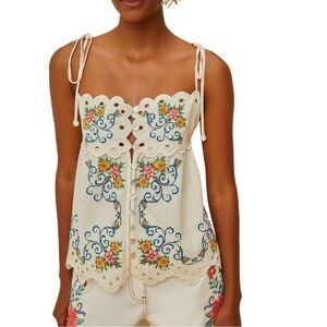 Farm Rio Grandmas Treasure Off White Sleeveless Linen Eyelet Blouse XL